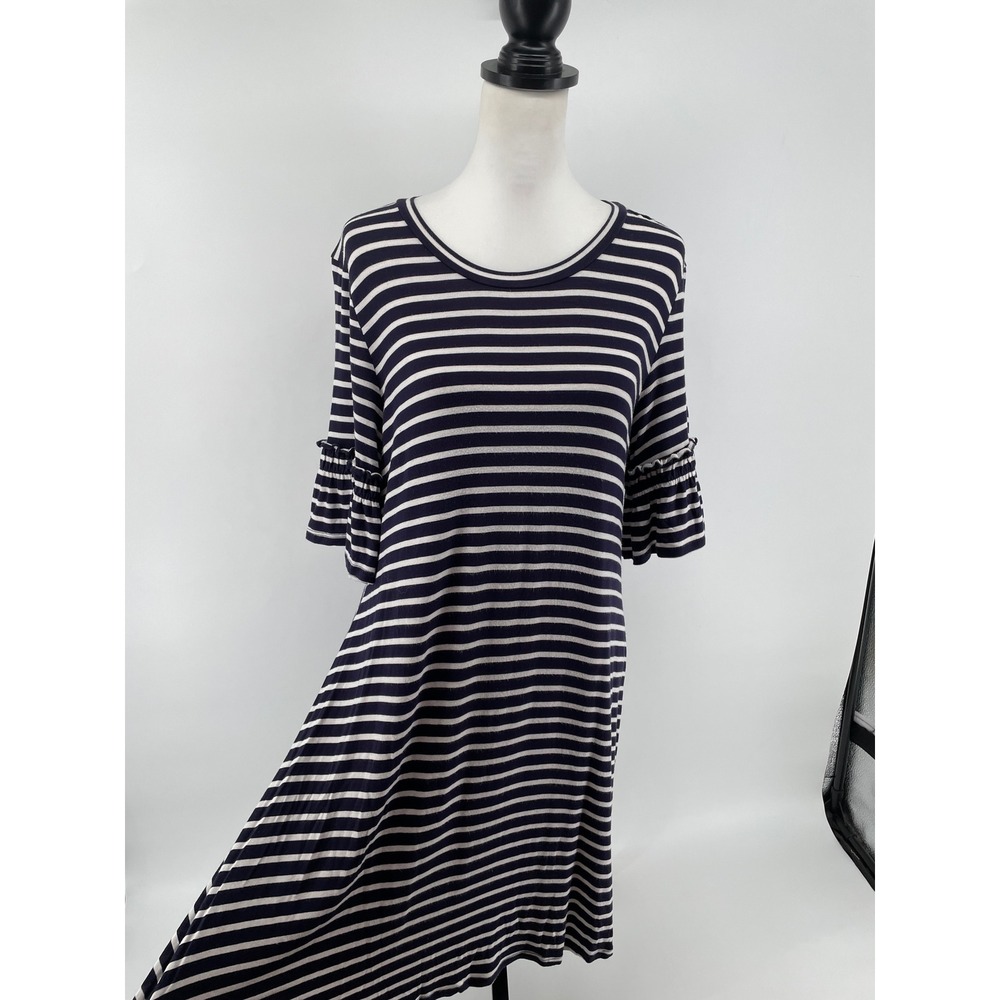 Nautical Striped Ruffle Sleeve Dress Womens Medium Navy White Knit Coastal Vacay